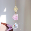 Golden suncatcher featuring a raw purple amethyst and clear crystal prism for rainbows - 35cm / Amethyst