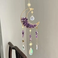 Handmade golden moon sun catcher with purple amethyst stones and crystal prism pendant - Amethyst