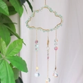 Cloud-shaped suncatcher with light green crystals and rainbow prism spheres - CA9-Green Fluorite