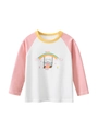 Camiseta de algodón para niña con manga raglán y dibujo de oso con arcoíris - 90cm / Blanco Roto/Rosa
