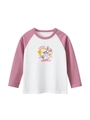 Kids long sleeve raglan T-shirt with white body pink sleeves and happy rabbit print - Off White/Dusty Pink / 90cm