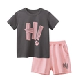 Set estivo da 2 pezzi in cotone per bambine con t-shirt HI grigia e pantaloncini rosa - Grigio Scuro / Rosa / 100cm