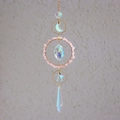 Pink crystal moon suncatcher with golden geometric frames and iridescent glass pendants - Rose Quartz Style (L3-5)