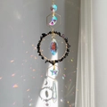 Golden moon suncatcher with black natural stone chips and iridescent crystal prisms - Obsidian Style (L3-11)