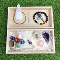 Coffret cristal 7 chakras avec cluster d'améthyste et tour de sélénite en bois - Boîte en Bois Améthyste Cluster Et Perles Chakra