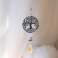 Detail of tree of life suncatcher with colorful chakra beads and crystal prism drop - Tree of Life