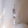 Rainbow crystal owl suncatcher with silver metal plates and colorful beads for window hanging - Owl