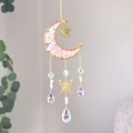 Pink crystal moon suncatcher with golden butterfly and sparkling crystal prisms - 50cm / Gold