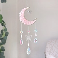 Detailed moon suncatcher featuring pink crystal stones, metal butterfly, and prism drops - 50cm / Silver