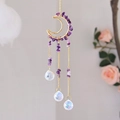 Handmade golden moon suncatcher with purple amethyst crystals and hanging faceted glass prisms - CD5 / Amethyst Purple