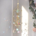 Golden geometric suncatcher with light green raw stone and iridescent crystal prisms - Colorful Fluorite / 55cm