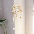 Golden honeycomb suncatcher with yellow crystals, metal bees and fairy prisms - Citrine Style(CC3)