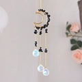 Golden crescent moon suncatcher with black natural stones and crystal glass ball pendants - Black Obsidian