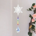 Rainbow crystal suncatcher with silver snowflake and faceted water drop pendant - Sharp Snowflake