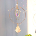Spherical crystal prism suncatcher with gold rings and pink raw stone moon pendant - 38cm / Pink