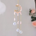Golden moon suncatcher with pink crystal gravel and hanging sparkling glass prisms - Rose Quartz