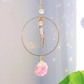 Golden suncatcher with moon pendant and natural pink crystal stone for window hanging - 38cm / Purple