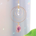 Golden moon suncatcher with nested rings and raw purple fluorite crystal prism - 38cm / Colorful Fluorite