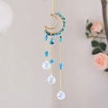 Handmade moon suncatcher with blue crushed stones and hanging crystal prism balls - Blue Apatite Color