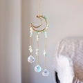 Handmade moon crystal suncatcher with green quartz stones and polished crystal balls - Amazonite Color