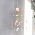 Golden sun catcher with geometric frame, pink crystals and iridescent prisms hanging - Rose Quartz / 55cm