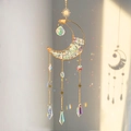 Golden crescent moon suncatcher with green fluorite stones and crystal prisms - Colorful Fluorite