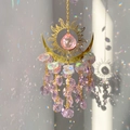 Pink teardrop crystal suncatcher with gold sun and moon metal charms and purple beads - 32cm / Pink