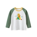Girls long sleeve raglan tee featuring a yellow cartoon cat print and green sleeves - 90cm / Cream/Sage Green