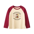 T-shirt raglan a maniche lunghe per bambini in cotone rosso e beige con orso vintage - 170cm / Beige / Borgogna