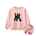 Girls pink fleece sweatshirt with black cat print and warm thick inner lining - 130 / Pink