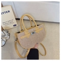 Beige semi-circular handbag with silver rhinestones and adjustable strap for women - Gold