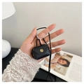 Mini black lychee pattern leather earphone bag with gold snap and long neck lanyard - Black