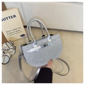 Elegant silver rhinestone handbag with leather handle and adjustable shoulder strap - Silver