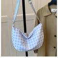 Blue and white plaid crescent crossbody bag with cute embroidery and adjustable strap - Standard / Blue