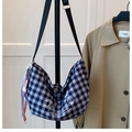Retro black and white checkered crossbody bag with embroidery and ribbon charm - With Pendant / Black