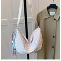 Plaid canvas crescent crossbody bag in beige and khaki with embroidery and charm - With Pendant / Off White
