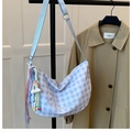 Blue and white checkered crescent crossbody bag with colorful charms and embroidery - With Pendant / Blue