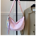 Pink and white checkered canvas hobo bag with cute bear embroidery and decorative charms - With Pendant / Pink