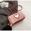Pink plush crossbody bag with red leather base and white heart patch detail - Pink