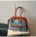 Borsa sottobraccio in denim blu retrò con finiture in pelle marrone e doppi manici - Stile di base / Marrone