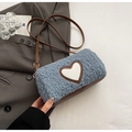 Blue plush heart crossbody bag with brown leather strap and warm minimalist design - Blue