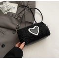 Fleece shoulder bag with heart patch in black and white finish and leather strap - Black