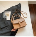 Khaki women handbag featuring woven texture flap and adjustable shoulder strap - Dark Khaki