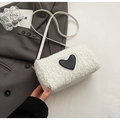 White faux fur plush crossbody bag featuring a black heart patch and leather strap - Off White