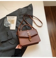 Brown vintage leather crossbody bag with woven texture flap and golden buckle - Brown