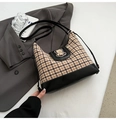 Braune karierte Tragetasche mit Bärenstickerei und schwarzem Lederbesatz für Damen - Khaki und Schwarz