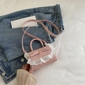 Pink mini PU leather crossbody bag with bow decoration and white lace trim detail - Pink