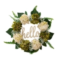Artificial hydrangea wreath with green leaves and wooden hello sign for front door decor - Hello Hydrangea Green Leaf Two-color Wreath