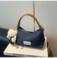 Detail of denim handbag with brown leather handle and cute white plush bear charm - With Pendant / Denim Brown