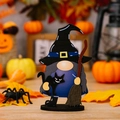 Halloween wooden wizard gnome decoration with black cat and broom on oval base - Halloween Wooden Gnome Style C
